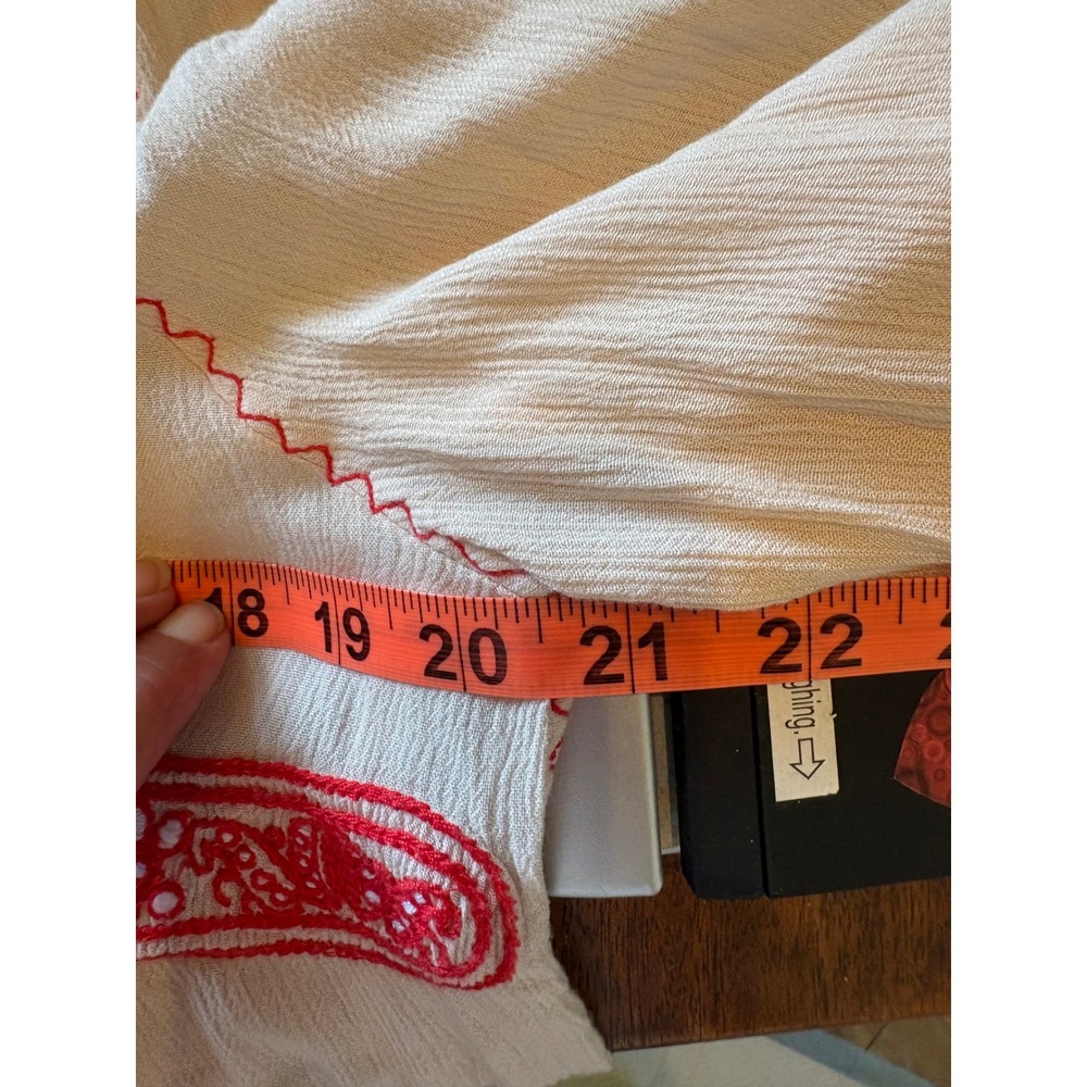 Free People Boho Embroidered Mini Dress Cream Red Tassel XS Peasant Gauze - Picture 6 of 7
